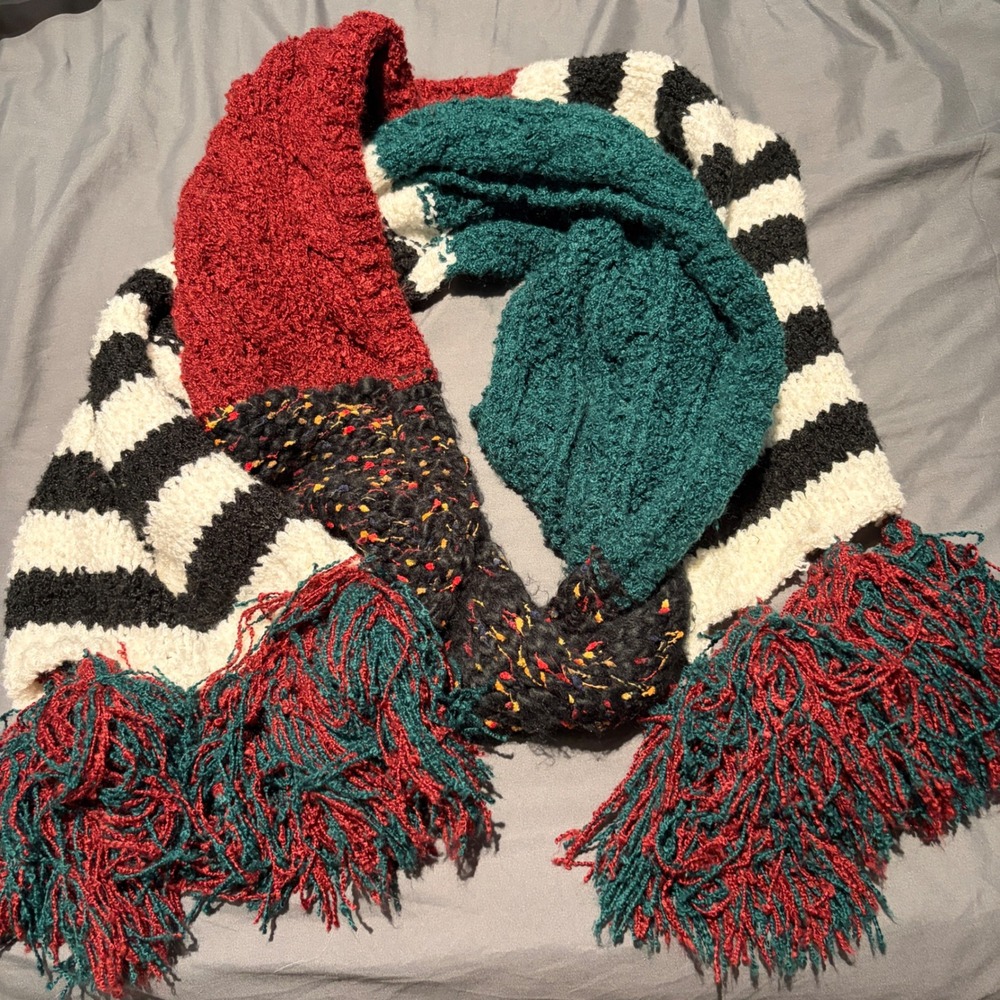 Free People Colorblock Striped Chunky Knit Tassel Scarf Oversized Multi Color